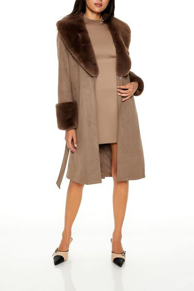 Faux Fur-Trim Faux Suede Trench Coat | Forever 21