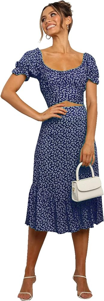 LYANER Women's 2 Piece Outfits Floral Self Tie Knot Crop Top and Midi Skirt Set | Amazon (US)