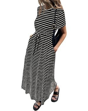 NALANISA Women's Summer Maxi Dresses 2026 Casual Short Sleeve Striped Drawstring Waist Loose Fit ... | Amazon (US)