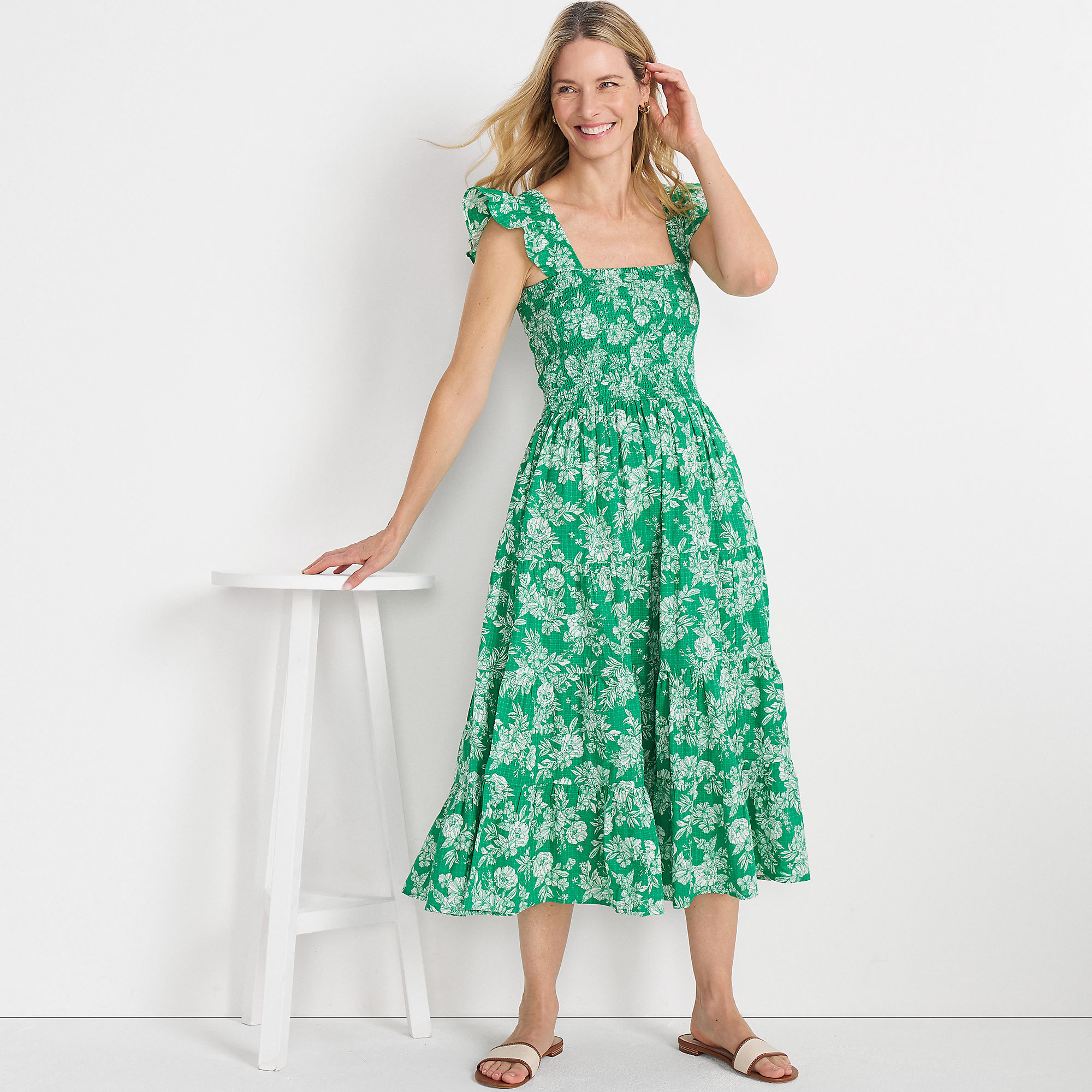 Women's Cotton Dobby Smocked Dress with Ruffle Straps | Lands' End (US)