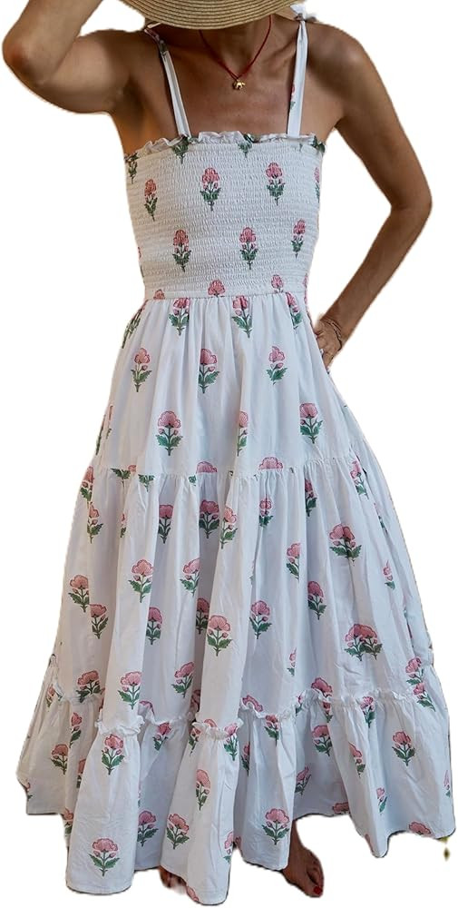 Women Boho Floral Maxi Dress Tie Shoulder Smocked Tiered Midi Dress Flowy Striped Color Block Swi... | Amazon (US)