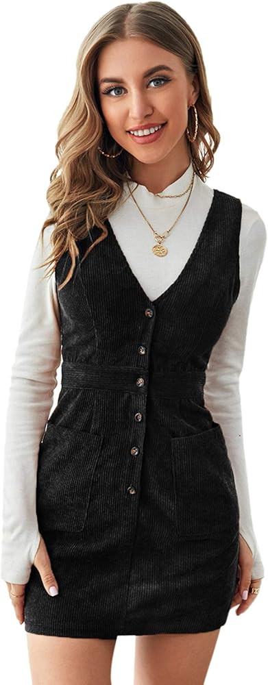 Floerns Women's V Neck Sleeveless Corduroy Button Pinafore Overall Mini Dress | Amazon (US)