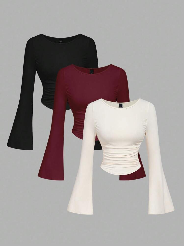 SHEIN MOD 3pcs Women's Solid Color Bell Sleeve Ruched T-Shirts,Going Out Tops,Holiday,Long Sleeve Crop Tops,Fall & Winter,Back To School,Country Concert,Halloween | SHEIN