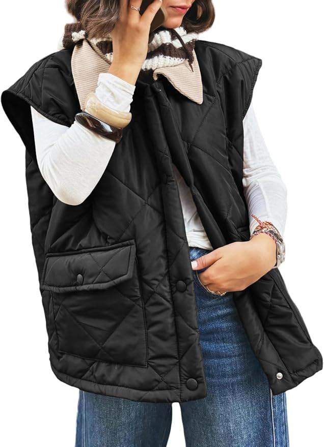 EVALESS Womens Quilted Lapel Collar Button Down Puffer Vest with Pockets | Lightweight Warm Graph... | Amazon (US)