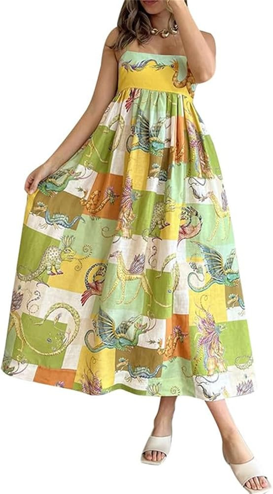 Women Boho Graffiti Cami Long Dress Graphic Spaghetti Strap Flowy Swing Maxi Dress Print A Line H... | Amazon (US)