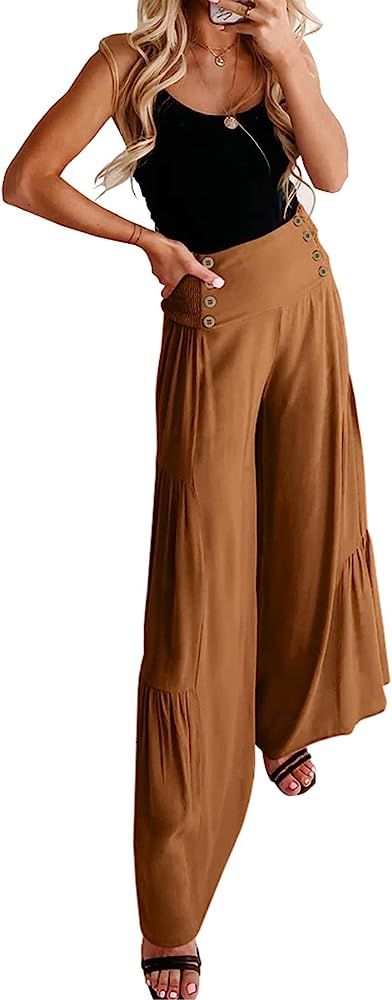 PRETTYGARDEN Women's Casual Long Palazzo Pants Elastic High Waist Wide Leg Loose Lounge Trousers | Amazon (US)