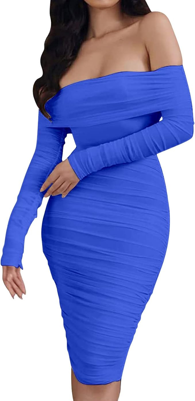 Off The Shoulder Midi Dress, Women Sexy Mesh Long Sleeve See Through Club Midi Bodycon Dress | Amazon (US)
