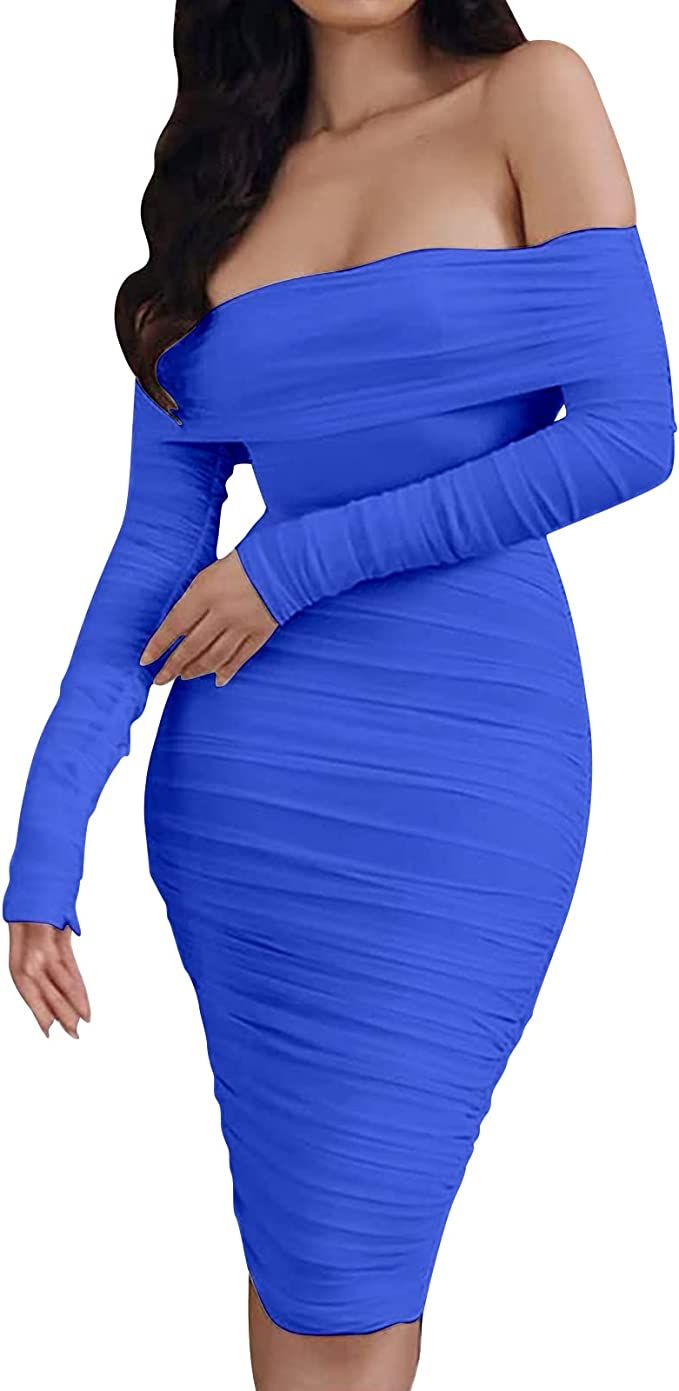 Off The Shoulder Midi Dress, Women Sexy Mesh Long Sleeve See Through Club Midi Bodycon Dress | Amazon (US)