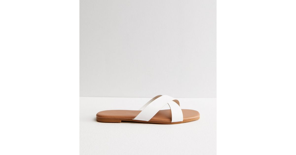 White Leather-Look Cross Strap Sliders | New Look | New Look (UK)