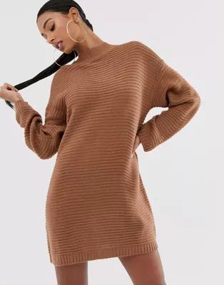 Missguided ribbed jumper dress with high neck in mocha | ASOS UK