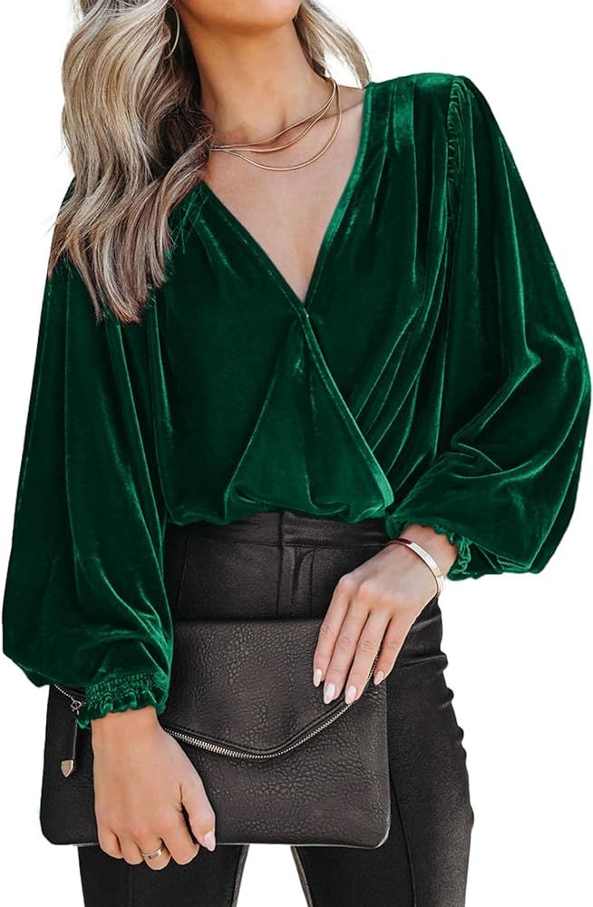 BerryGo Women's Velvet Wrap Crop Top Long Sleeve V Neck Puff Dressy Blouse Vintage 2023 Fall Wint... | Amazon (US)