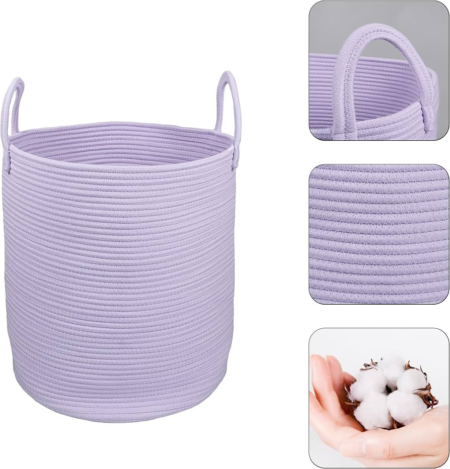 Rope Laundry Basket Hamper for Clothes Woven Storage Basket for Living Room Bedroom Boho Tall Rope Baskets for Blanket Toys Pillow Towels Baby Nursery Hamper Bin Large purple or lavender | Amazon (US)