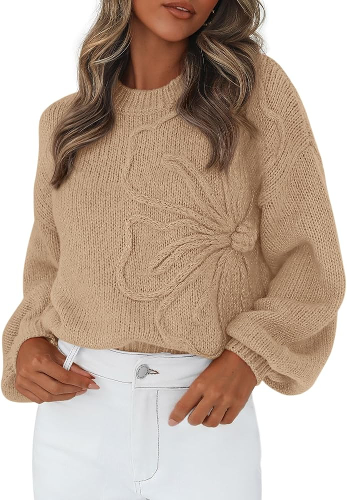 PRETTYGARDEN Womens Sweaters 2025 Fall Fashion Long Sleeve Crewneck Floral Knit Pullover Sweater ... | Amazon (US)