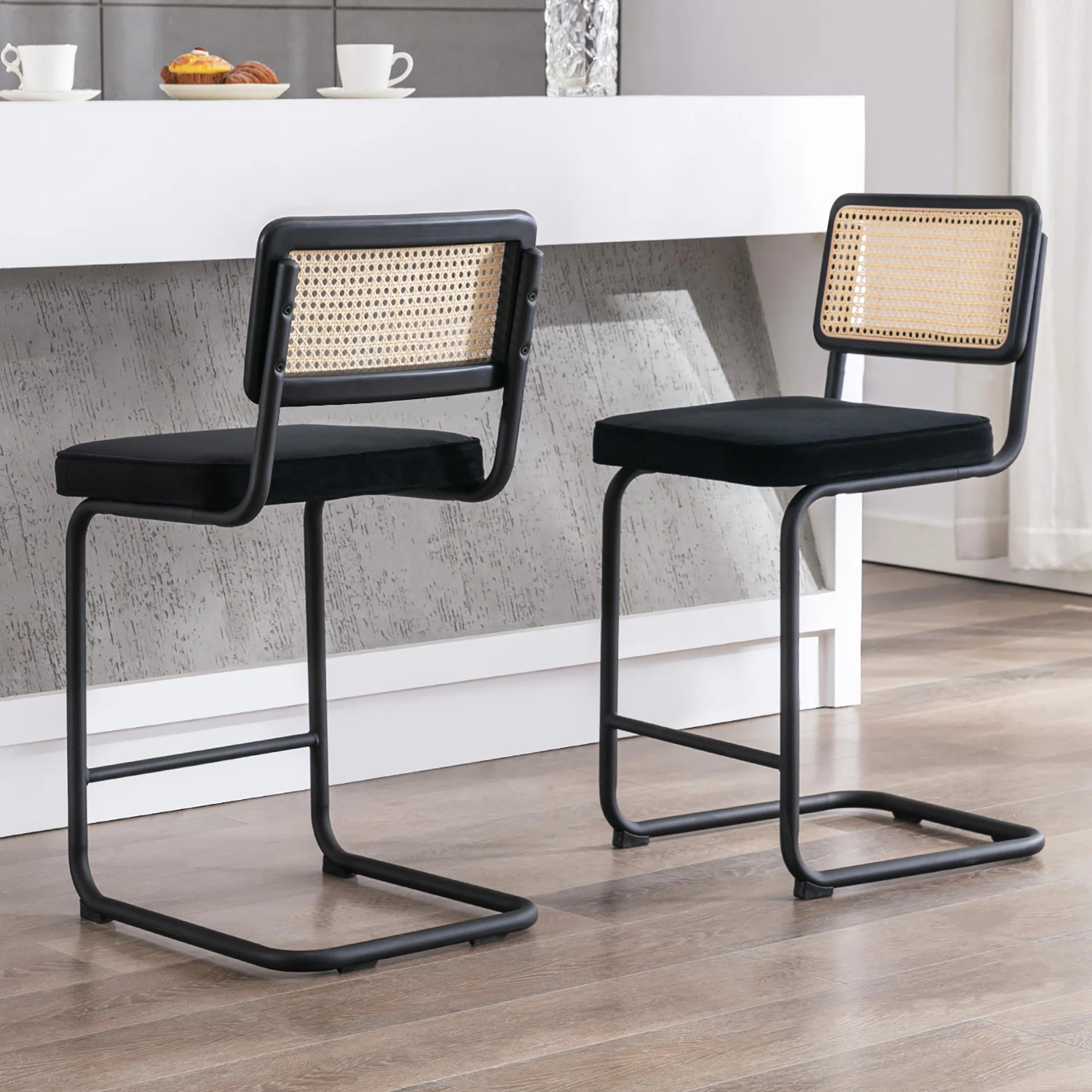 Crumley Upholstered 25.6" Velvet Counter Stool with Rattan Cane Back and Metal Frame (Set of 2) | Wayfair North America