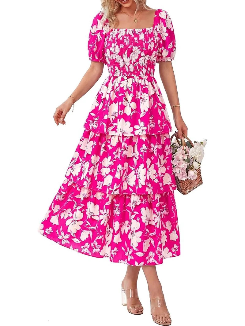 BTFBM Womens Square Neck Smocked Dress Summer Puff Short Sleeve Floral Casual Ruffle Tiered Maxi ... | Walmart (US)