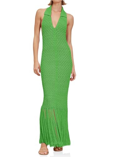 Saodimallsu Womens Halter Crochet Cover Up Fringe Sexy Backless Sleeveless V Neck Collared Vacati... | Amazon (US)