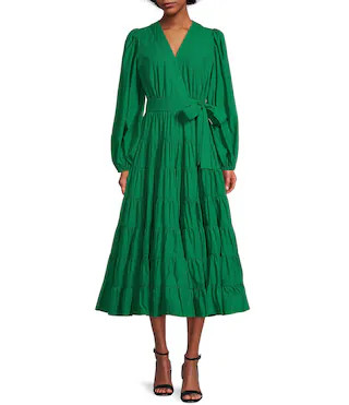 Tiered Long Sleeve Tie Waist Wrap Midi Dress | Dillard's