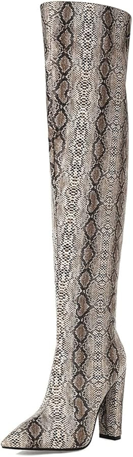 Roimaash Women Fashion Overknee Boots Block Heels Pointed Toe Pull on | Amazon (US)