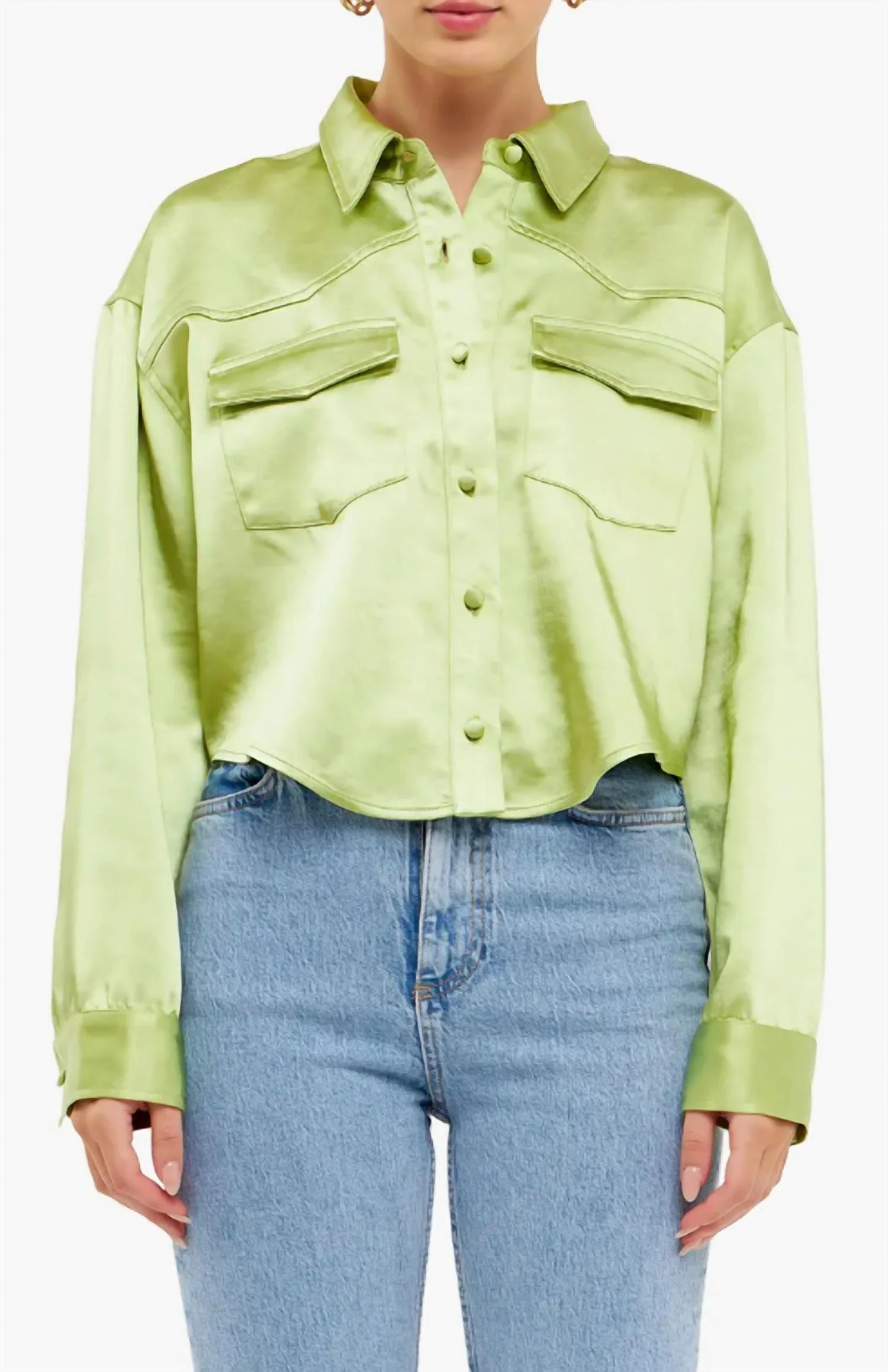 Satin Crop Button Up Top In Light Green | Shop Simon