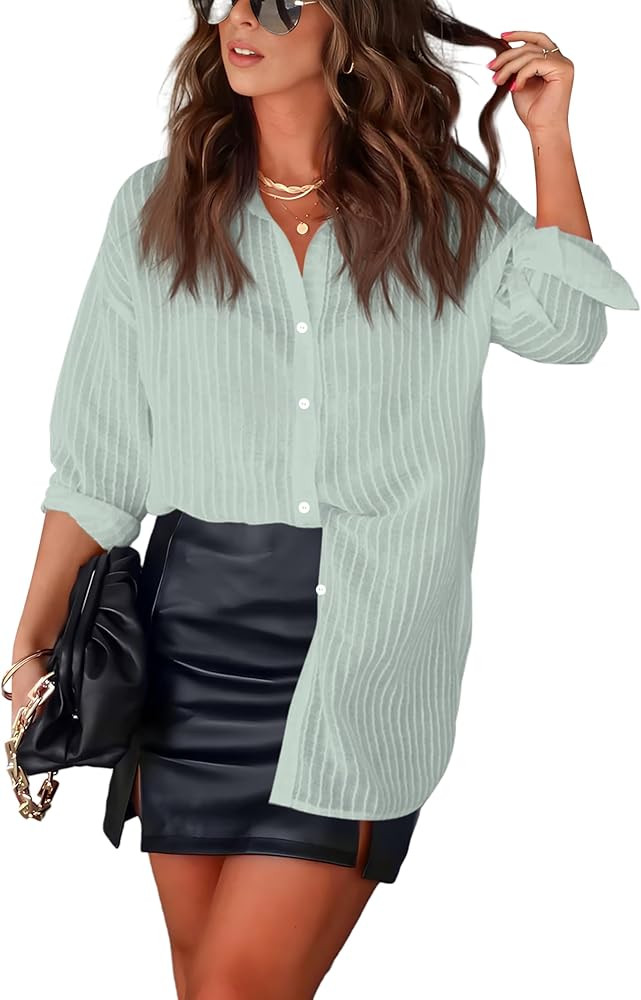Diosun Womens Striped Sheer Button Down Shirts Long Sleeve Collared Drop Shoulder Stylish Casual ... | Amazon (US)