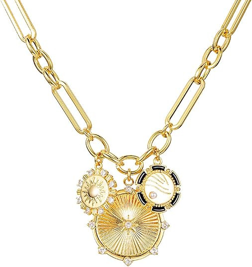 Sun Heart Charm Choker Necklace for Women Girls Men,18k Gold Plated With Zircons Inlaid Pendants,... | Amazon (US)