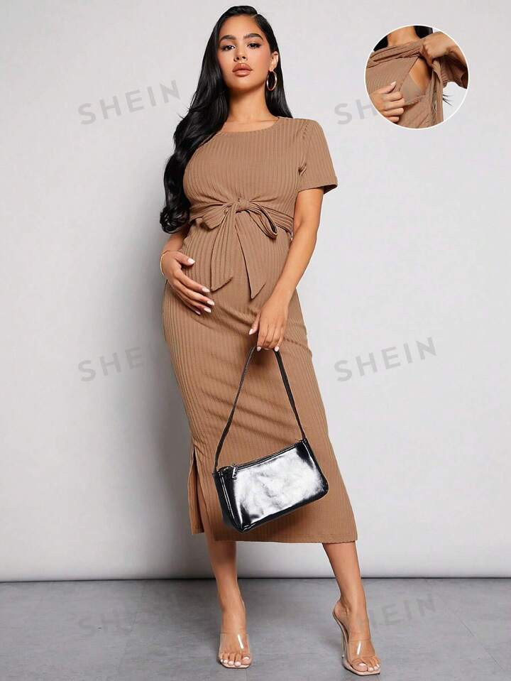 SHEIN Maternity Split Hem Tie Front Nursing Ribbed Knit Dress | SHEIN