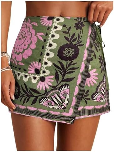 Women's Floral Graphic Skirt Shorts Drawstring Waist Tropical Boho Wrap Skorts | Amazon (US)