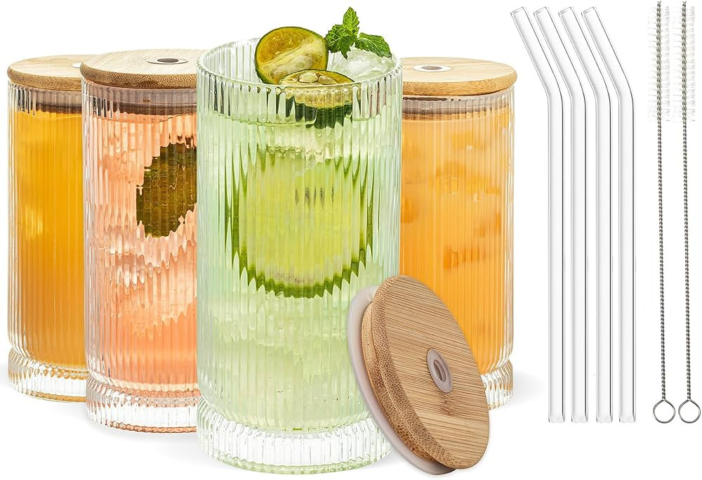 Ribbed Glass Cups With Lids And Straws, 16oz Drinking Glasses, Vintage Glassware Set of 4 Large, ... | Amazon (US)