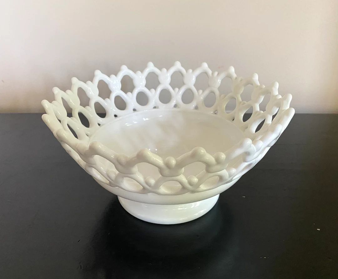 Antique Milk Glass Bowl With Open Lace Boarder by Atterbury - Etsy | Etsy (US)
