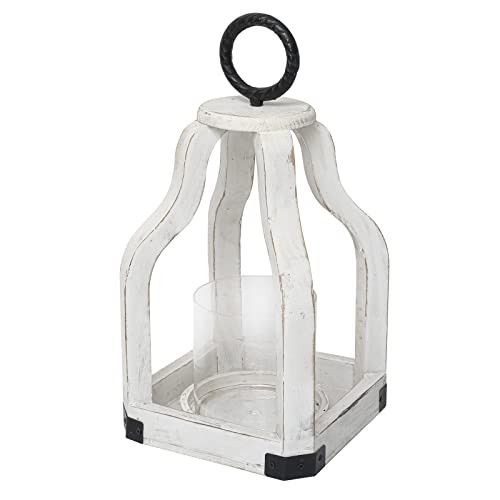 SwallowLiving 13" Rustic Farmhouse Wood Candle Hurricane Lantern with Glass Candlestick Holder for Patio, Table Centerpiece, White | Amazon (US)