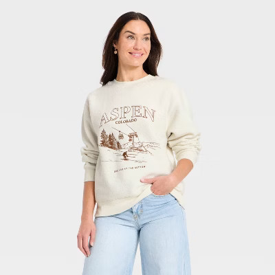 Women's Holiday Knit Embroidered Pullover Sweatshirt - Universal Thread™ Cream S | Target