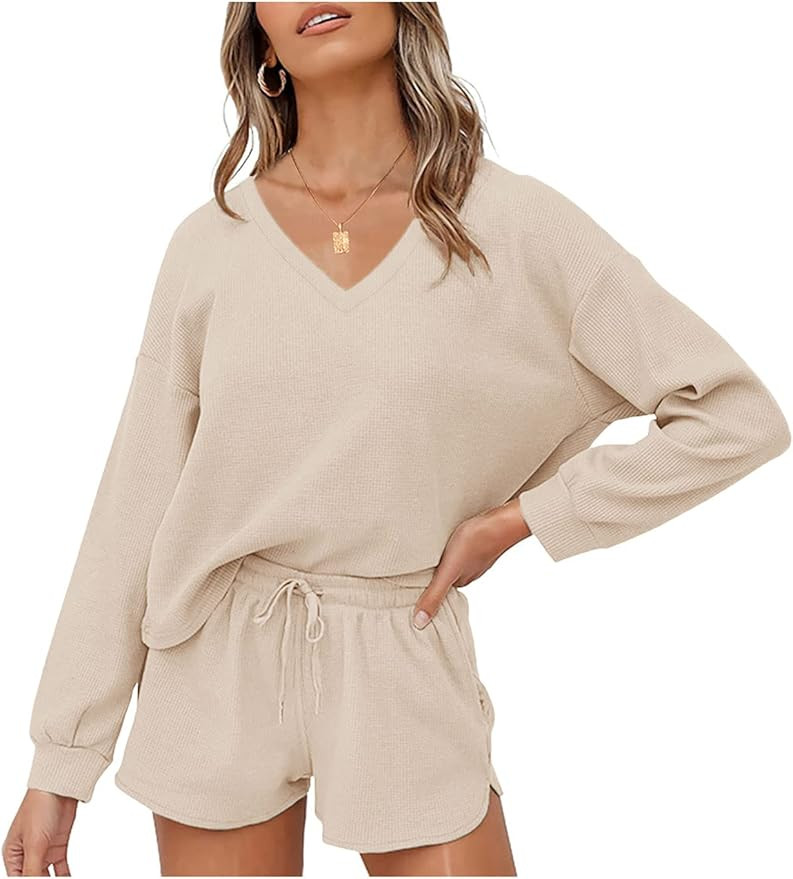 MEROKEETY Women's Long Sleeve Waffle Lounge Sets V Neck Top and Shorts 2 Piece Pajama Set Pockets... | Amazon (US)