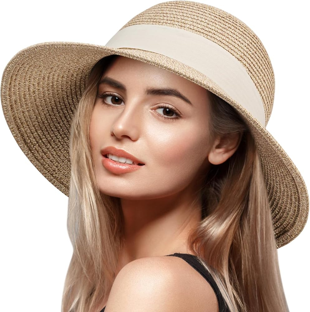 VIFUUR Womens Straw Hats Wide Brim Summer Visor Beach Sun Hat Packable UPF UV Foldable Travel | Amazon (US)