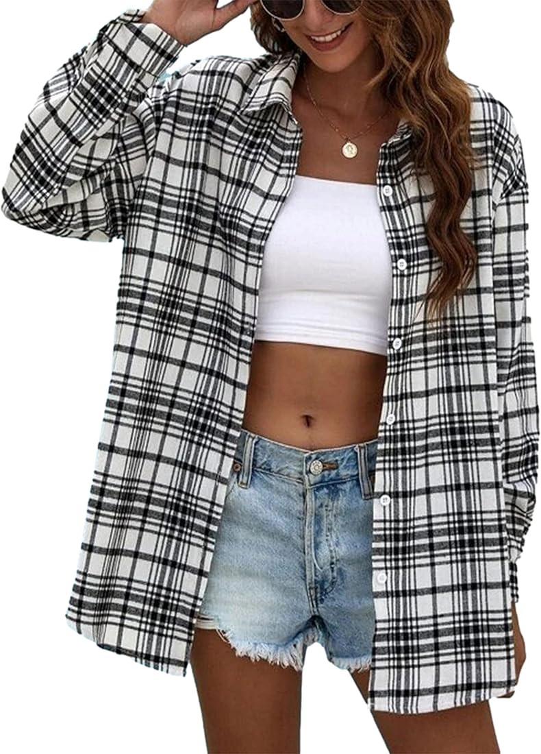 Zontroldy Plaid Flannel Shirts for Women Oversized Long Sleeve Button Down Buffalo Plaid Shirt Bl... | Amazon (US)