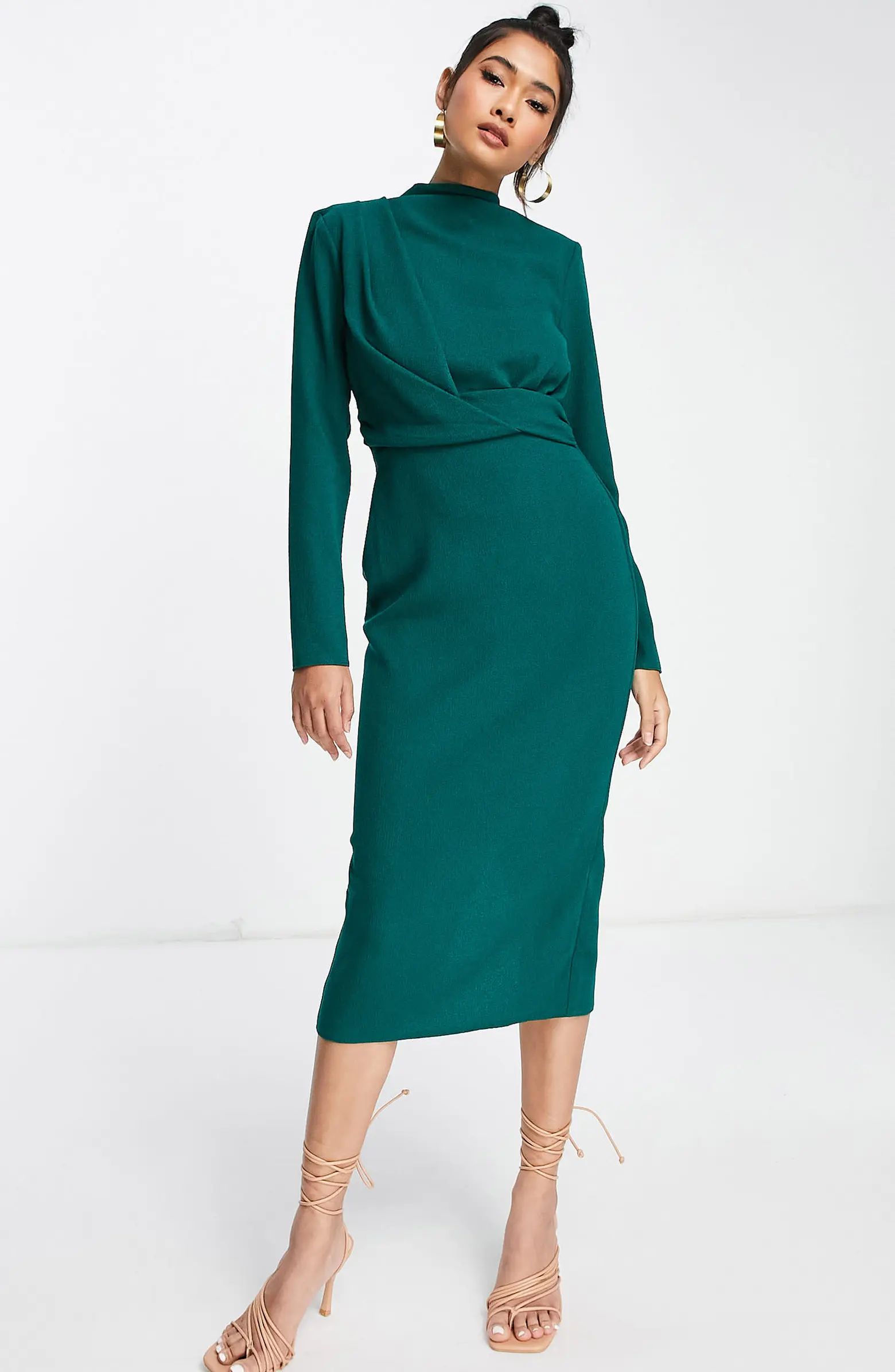 ASOS DESIGN Twist Front Padded Shoulder Long Sleeve Midi Dress | Nordstrom | Nordstrom