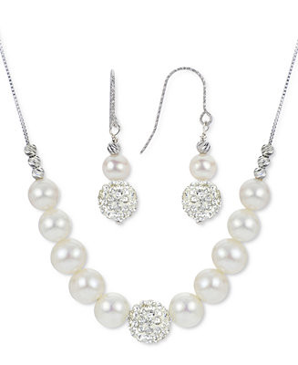 2-Pc. Set Cultured Freshwater Pearl (6-8mm) & Crystal Statement Necklace & Drop Earrings in Sterl... | Macy's