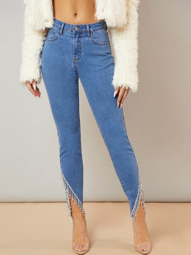 Rhinestone Fringe Asymmetrical Hem Skinny Jeans | SHEIN