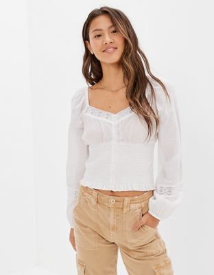 AE Long-Sleeve Smocked Blouse | American Eagle Outfitters (US & CA)