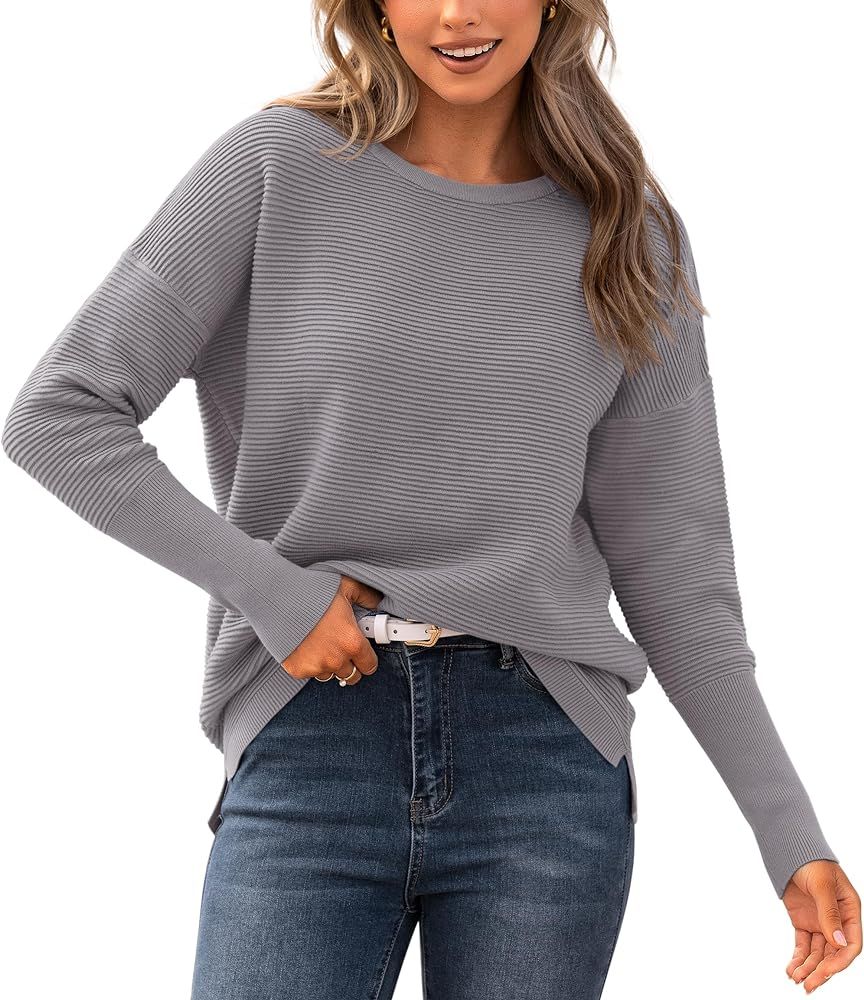 BTFBM Casual Women 2024 Fall Sweater Long Sleeve Ribbed Knit Pullover Loose Crewneck Batwing Spli... | Amazon (US)