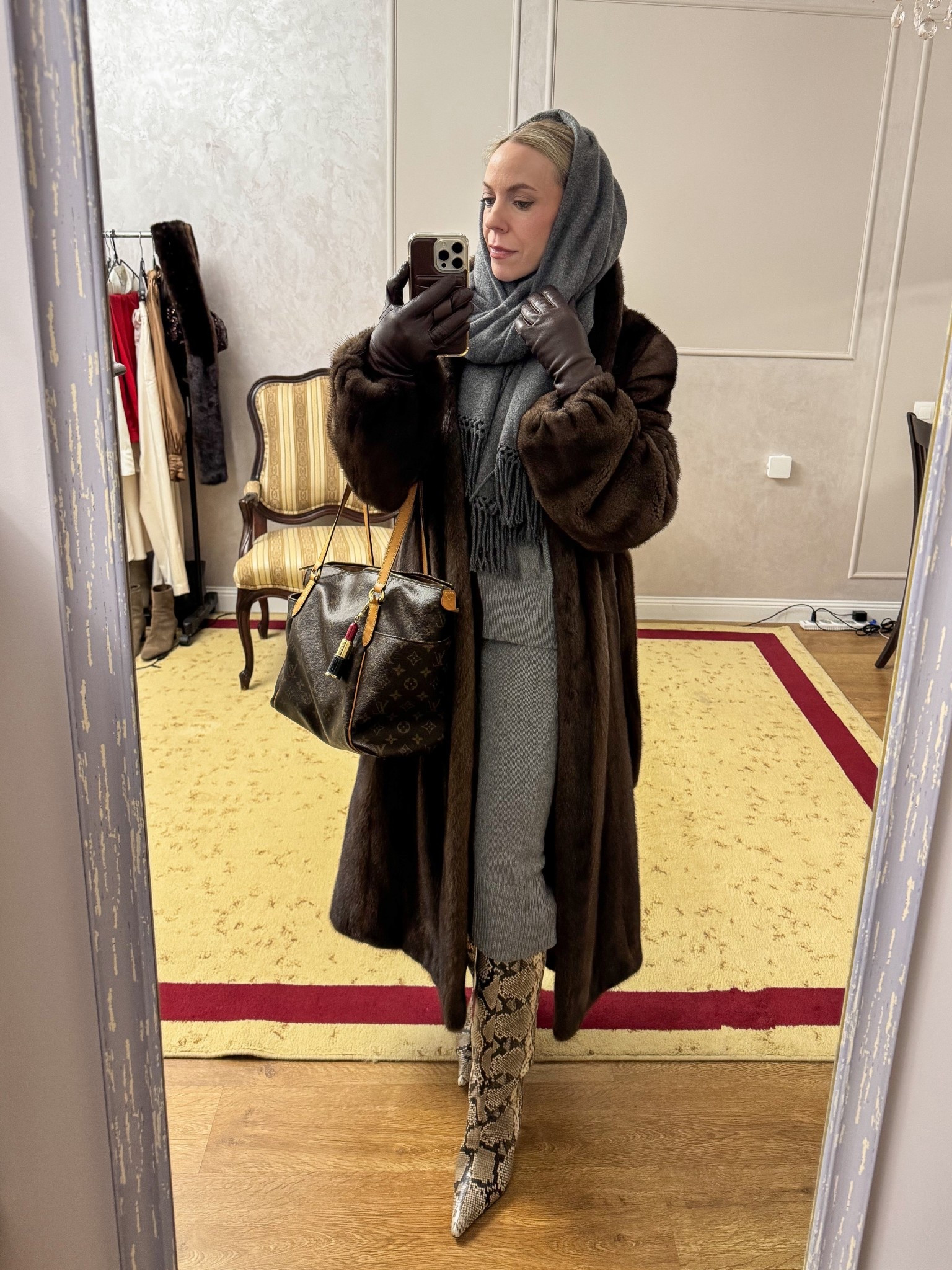 Winter workwear look, brown fur coat, balaclava scarf, knit skirt set, snakeskin boots, Louis Vuitton tote bag 

#LTKWorkwear #LTKOver40 #LTKootd