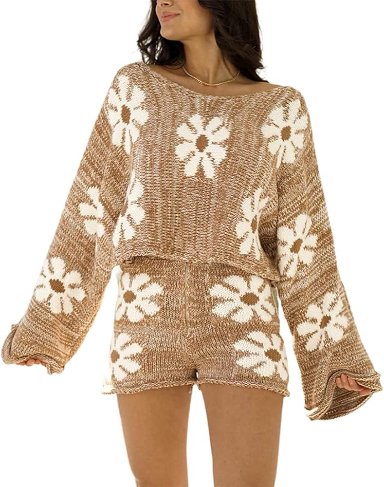 Yotong Women 2 Piece Lounge Outfits Off Shoulder Floral Knit Sweater Top Zip Up Knitted Shorts Se... | Amazon (US)