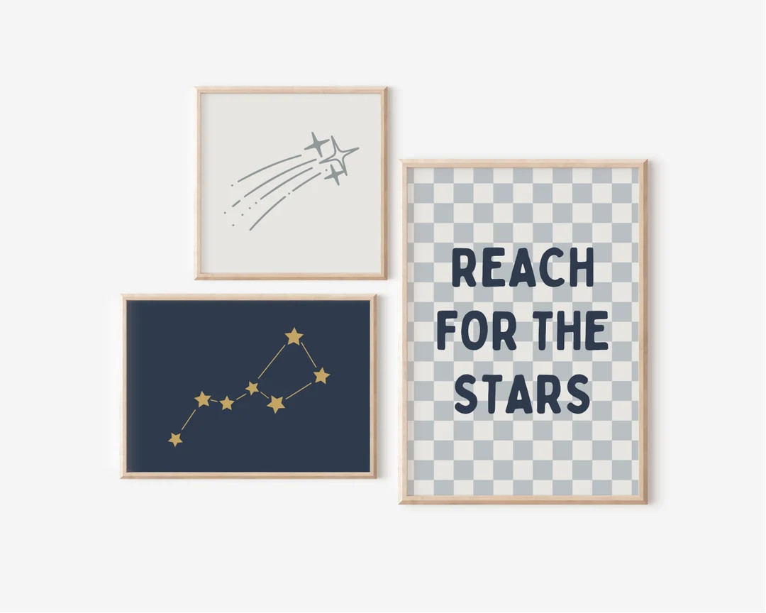 Reach for the Stars Gallery Wall Set of 3 Downloadable Prints, Boy Nursery Decor, Navy Kids Room,... | Etsy (US)