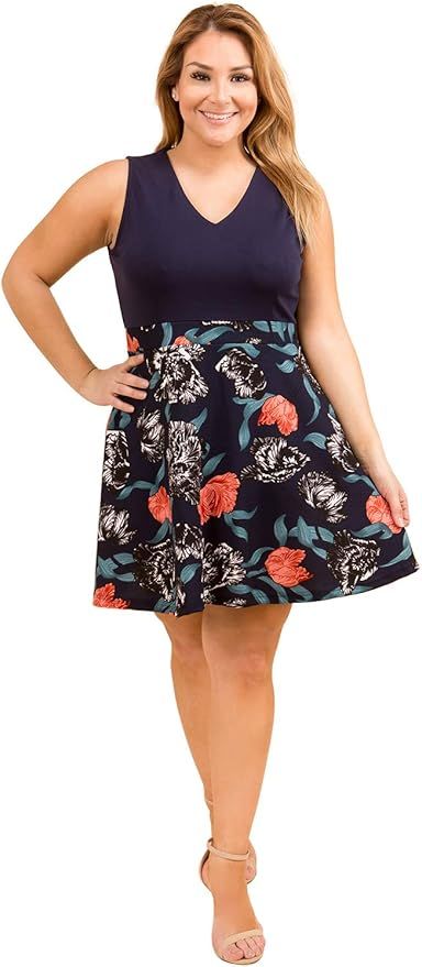 MIAMINE Plus Size Dresses for Women Fit and Flare Floral Print Casual Spring Crew Neck Skater Mid... | Amazon (US)