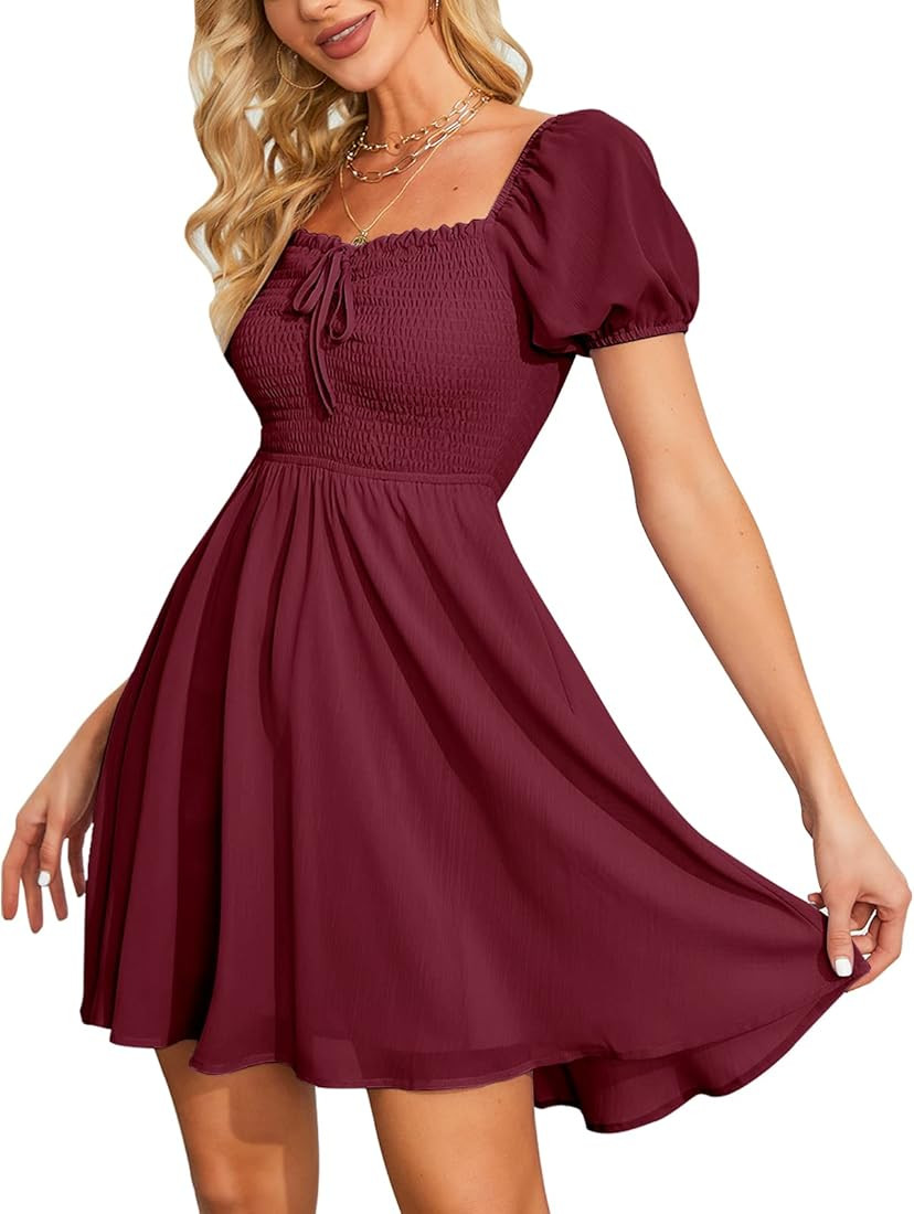 Women's Sweetheart Neckline Dress Smocked Sundress Puff Short Sleeve Drawstring Dresses | Amazon (US)