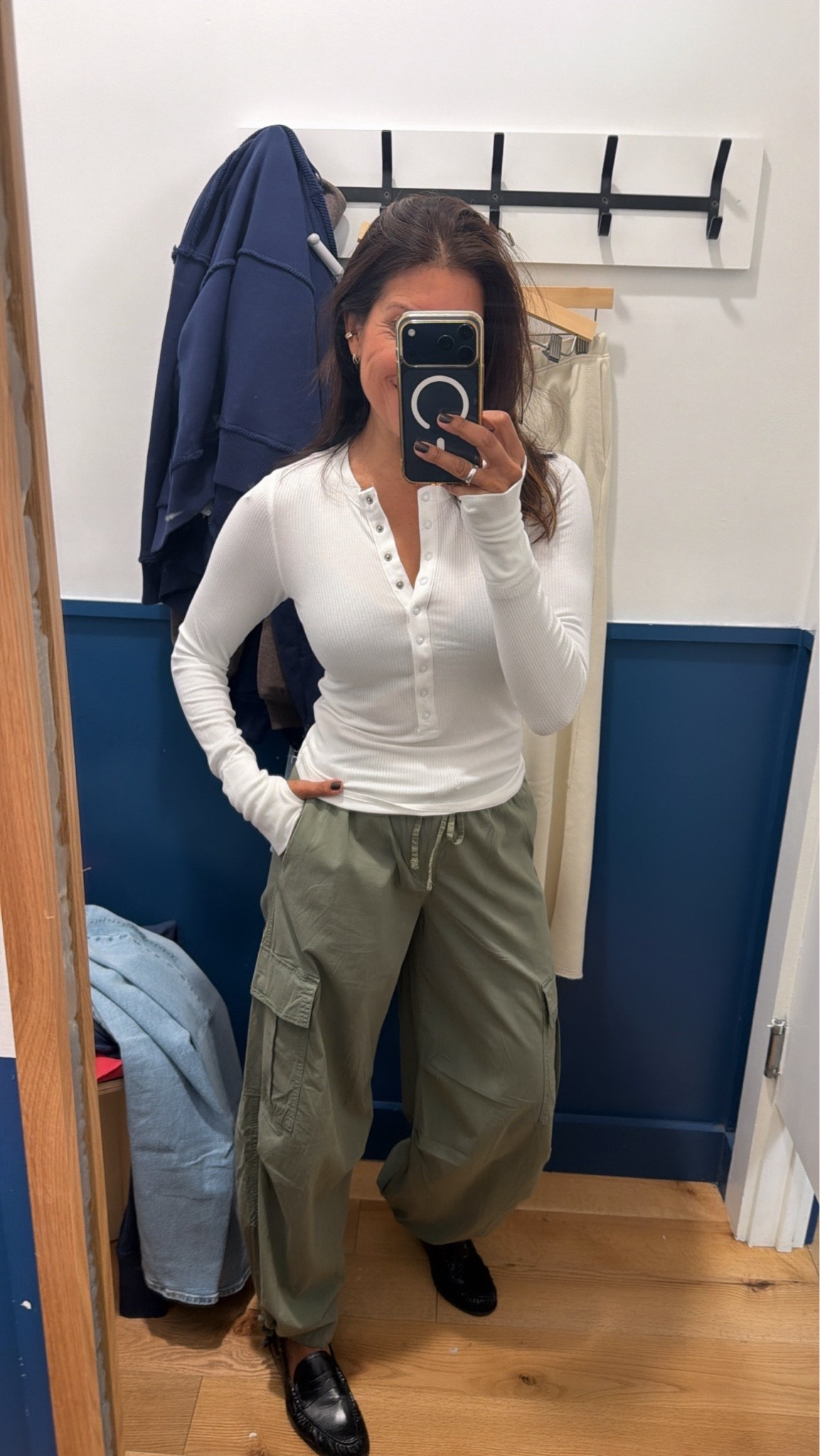 Cargo pant style outfit 
Paired with fitted Henley ho up two a size  wearing small top
Pants xs 

@American Eagle Outfitters 
Fall fashion over 50

#LTKPetite #LTKOver40 #LTKSeasonal