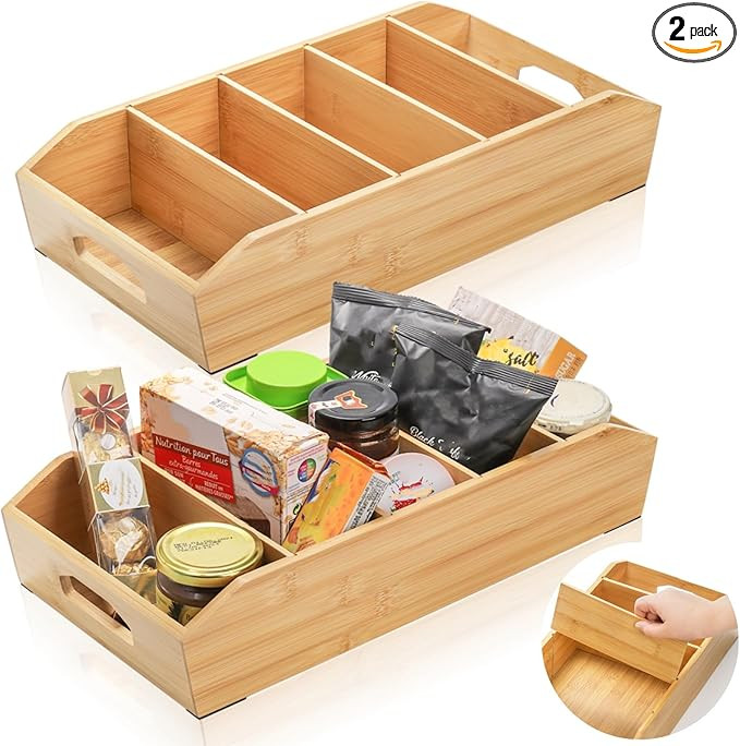 2 Pack Bamboo Pantry Organizers, Storage Bin with Removable Dividers, Divided Snack Oragnizer wit... | Amazon (US)