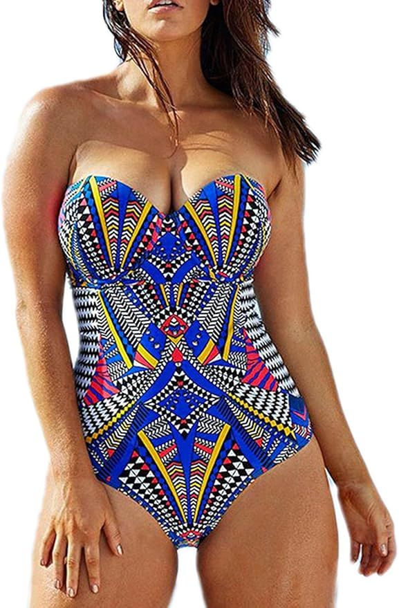 Womens Tribal Printed Plus Size One Piece Swimsuits Bandeau Slimming Control Athletic Bathing Sui... | Amazon (US)