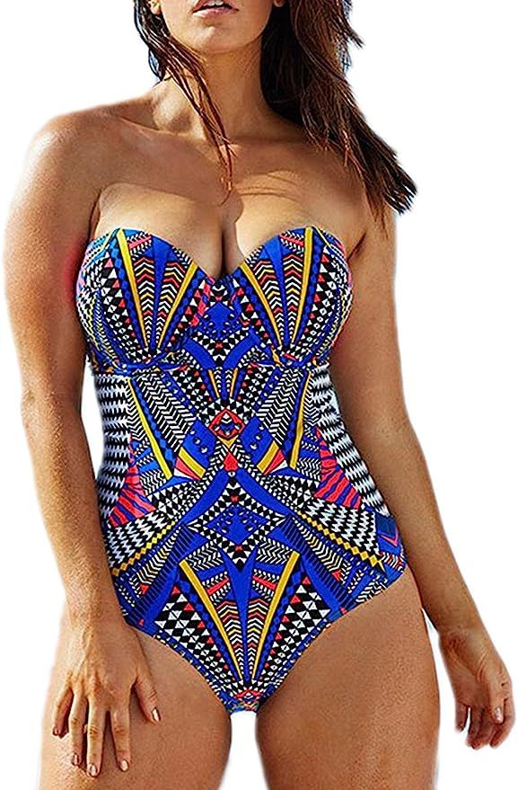 Womens Tribal Printed Plus Size One Piece Swimsuits Bandeau Slimming Control Athletic Bathing Sui... | Amazon (US)