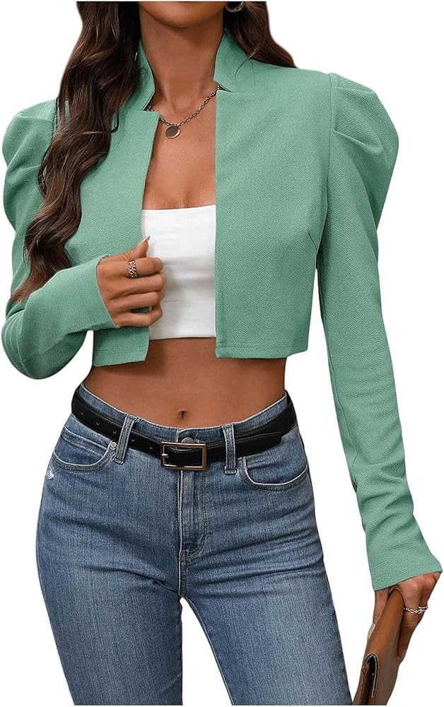MakeMeChic Women's Business Casual Blazers Long Puff Sleeve Open Front Work Office Cropped Blazer... | Amazon (US)