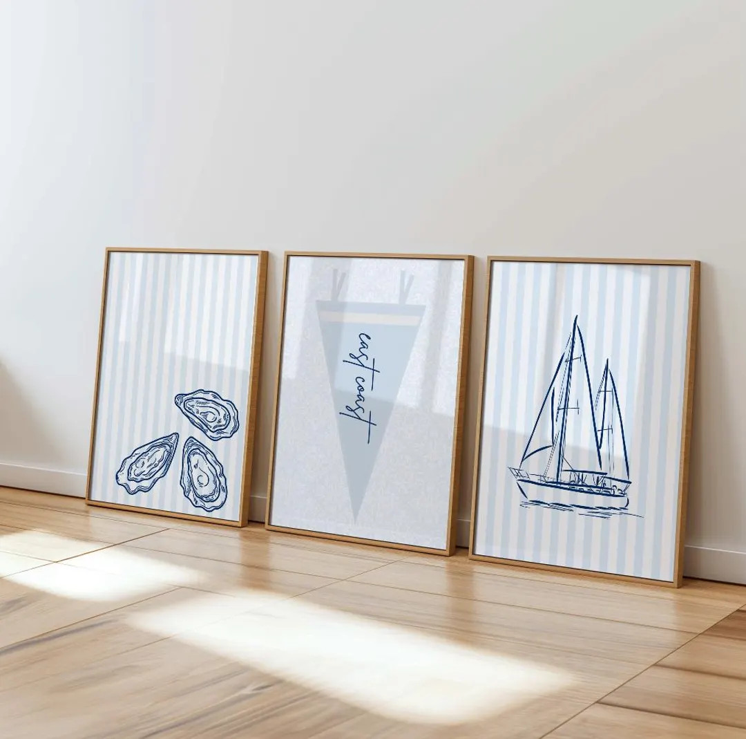 Coastal Blue White Prints | Set of Three Art | Digital Prints | East Coast | College Apartment De... | Etsy (US)